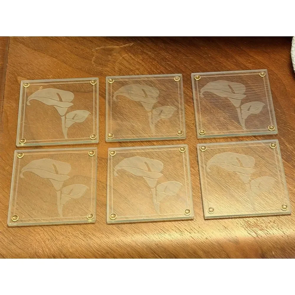COASTERS Kate Aspen Art Deco SET of 6 Calla Lilies Flower Frosted Glass 3533-65